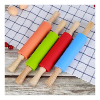 

Food Grade Silicone Rolling Pin Household Baking Tools Wooden Handle High Temperature