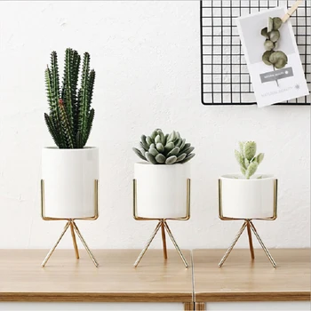 

3Pcs/Set Ceramics Ceram Succulent Planter Pot Flowerpot Planter and Truncated Cone Shaped Iron Metal Stand (Golden/White)