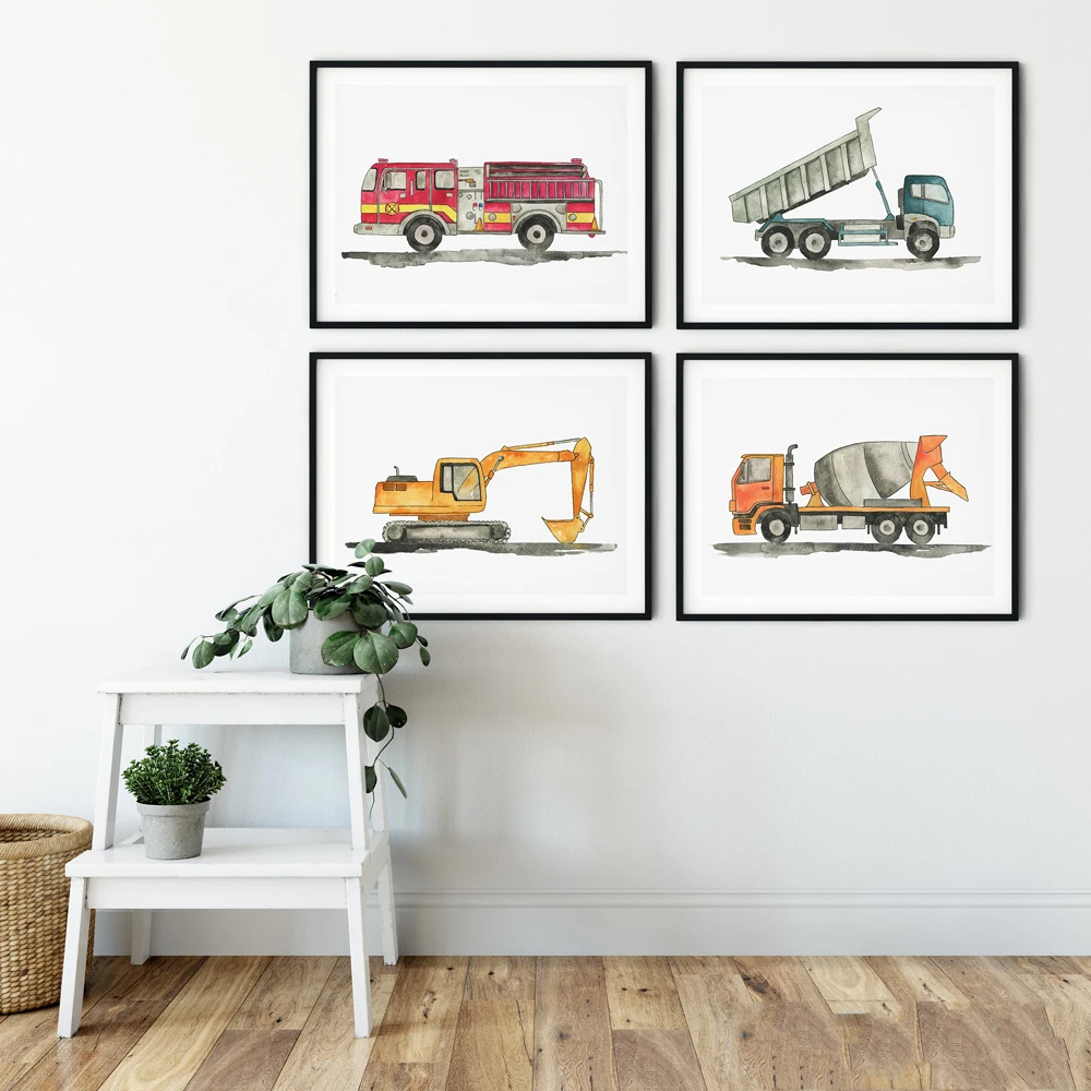 Construction-Vehicle-Watercolor-Boys-Wall-Art-Canvas-Painting-Pictures-Dump-Truck-Excavator-Posters-And-Prints-Kids
