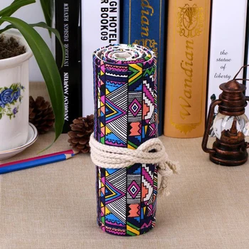 

36/48/72 Holes Cosmetic Bag Ethnic Style Canvas Roll Pencil Case School Roll Stationery Pouch Makeup Brush Case
