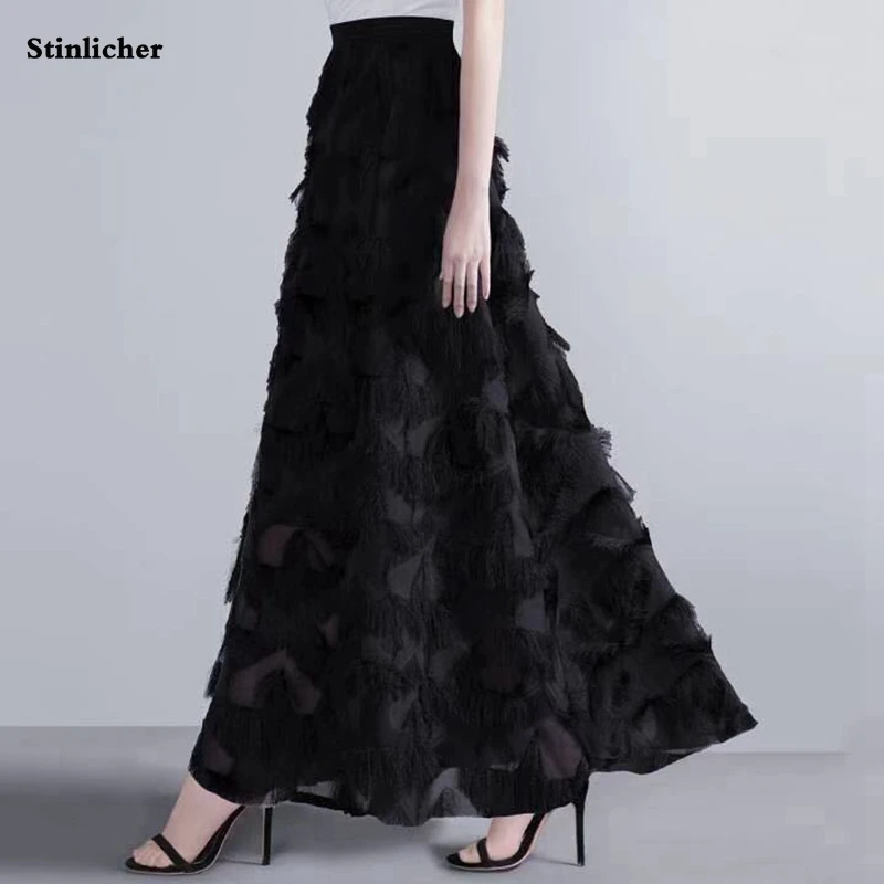 

Spring Autumn Women Feather Tassel Club Pleated Maxi Skirts Elastic High Waisted Women Long Party Skirt Saias Faldas Jupe Femmle