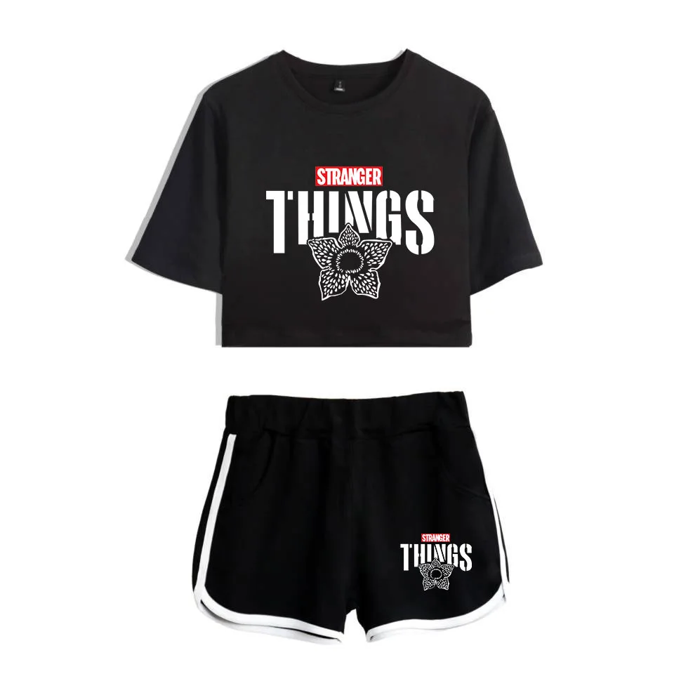 Футболка для косплея «странные вещи»; костюм Дастина для косплея; топ и шорты; Комплект для девочек; футболка для бега; спортивные шорты; костюм - Цвет: Set 2