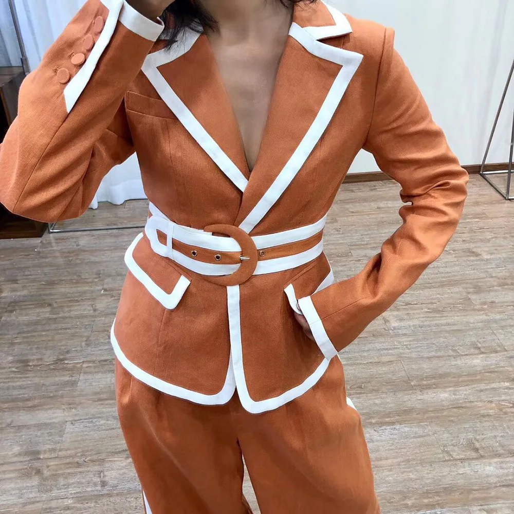 

Top Version Caramel Colour Linen Blazer Features With Contrast Trim + High Waist Wide Leg Pants With Belt Ties - Women Stylish 2