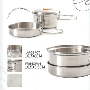 

1-3 Person Stainless Steel Outdoor Camping Picnic Cooking Large Pot Frying Pan Set Portable Travel Multifunction Durable Pot
