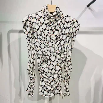 

Women Shirt 2019 Autumn Winter New Kaleidoscope Print Irregular Pleated Women's Long Sleeve Turtleneck Top