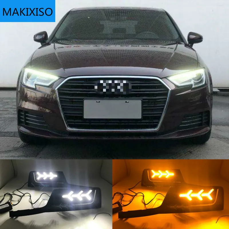 

1set For Audi A3 2017-2019 12V LED DRL Daytime Running Lights Daylight Fog light with yellow turn Signal
