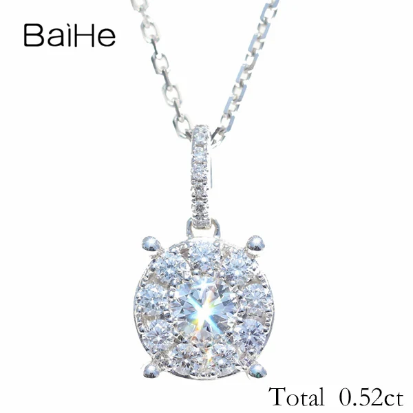 Total 0.52ct BAIHE Solid 14 K, белое золото, всего 0,27ct, круглая огранка H/SI, натуральные бриллианты, трендовые украшения для помолвки, Подарочный кулон - Цвет камня: Total 0.52ct