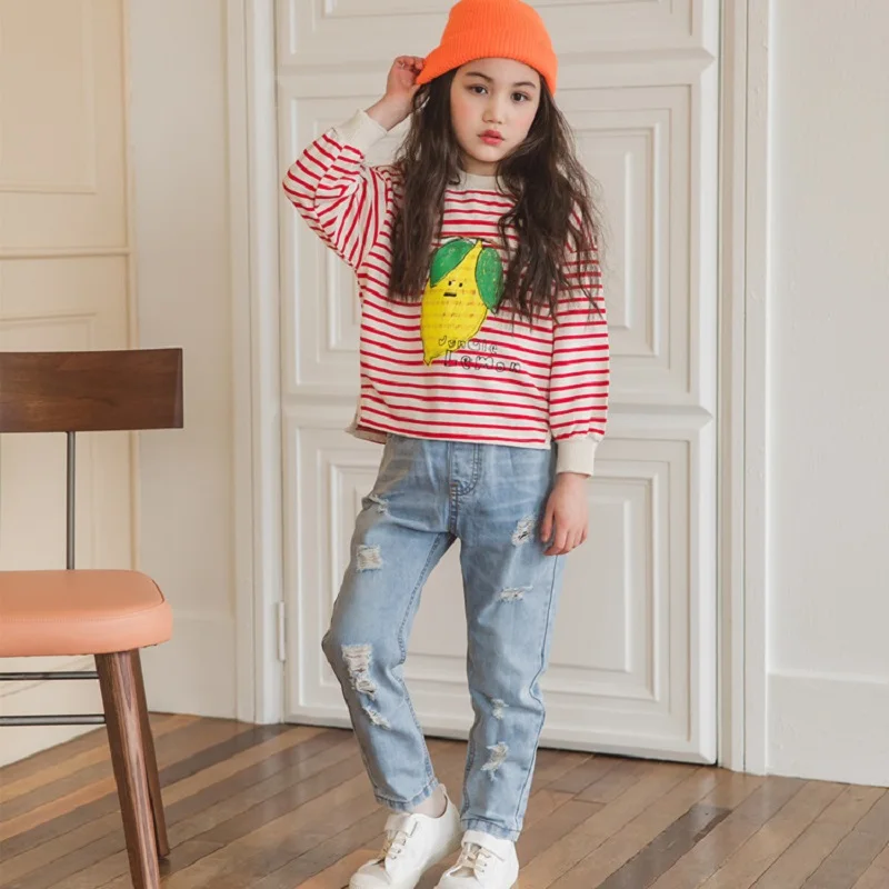 

Fashion Girls Set Red White Stripes Long T-shirt and Light Blue Jeans Cotton Children Clothes Toddler Girls Thanksgiving Set