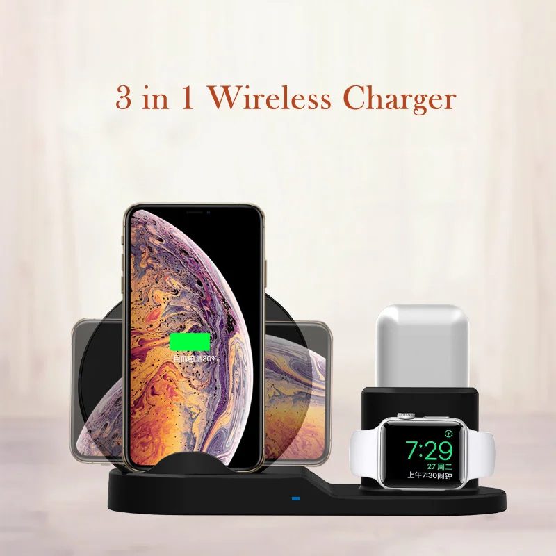 

3 in 1 10W Qi Fast Charging Pad For iPhone X XR Xs Smasung S9 Plus Portable Wireless Charger For Apple Watch 4 3 2 1 for Airpods