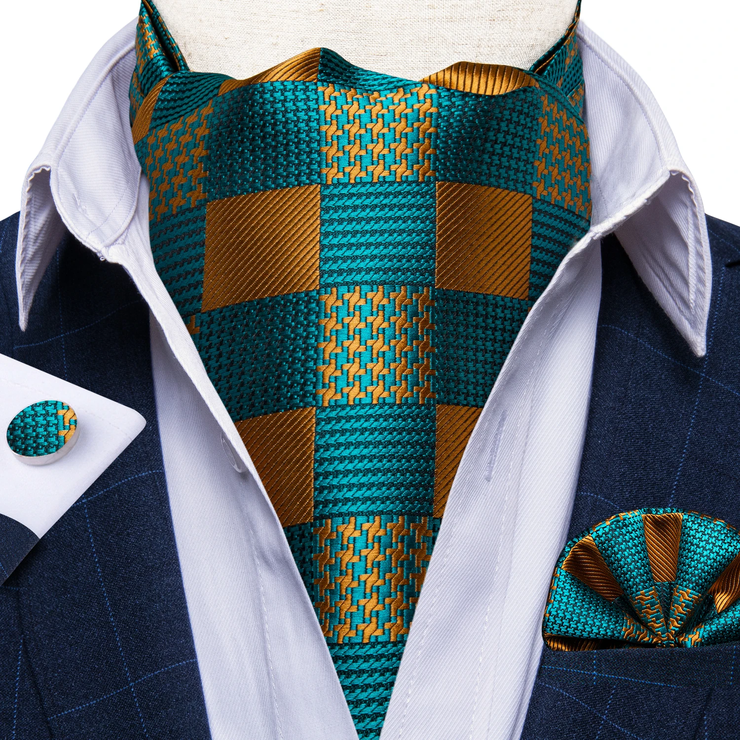 

Men's Silk Vintage Teal Green Gold Check Cravat Ascot Wedding Formal Scrunch British Necktie Pocket Square Cufflinks Set DiBanGu