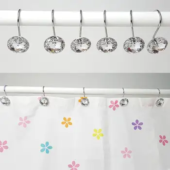 

12Pcs Acrylic Round Bling Hooks Rings Acrylic Decorative Rhinestone Glass Shower Curtain Hooks Bathroom Supplies