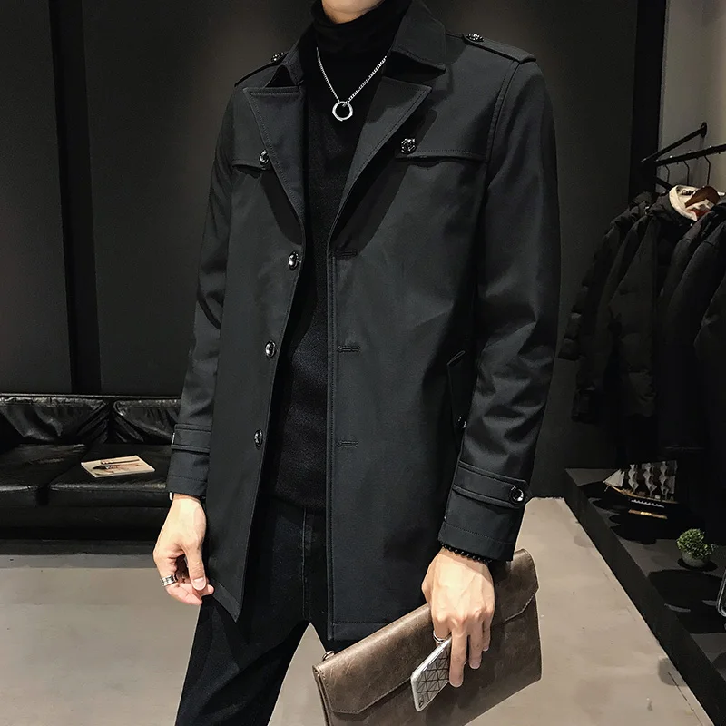 Осеннее хаки мужское длинное пальто размер S-3XL, модная деловая Повседневная Длинная куртка для мужчин черный темно-синий Тренч Куртки