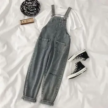

2019 Autumn and Winter New Denim Overalls Female Streetwear Trend Loose Fashion High Waist Wild Hole Ankle Length Jeans