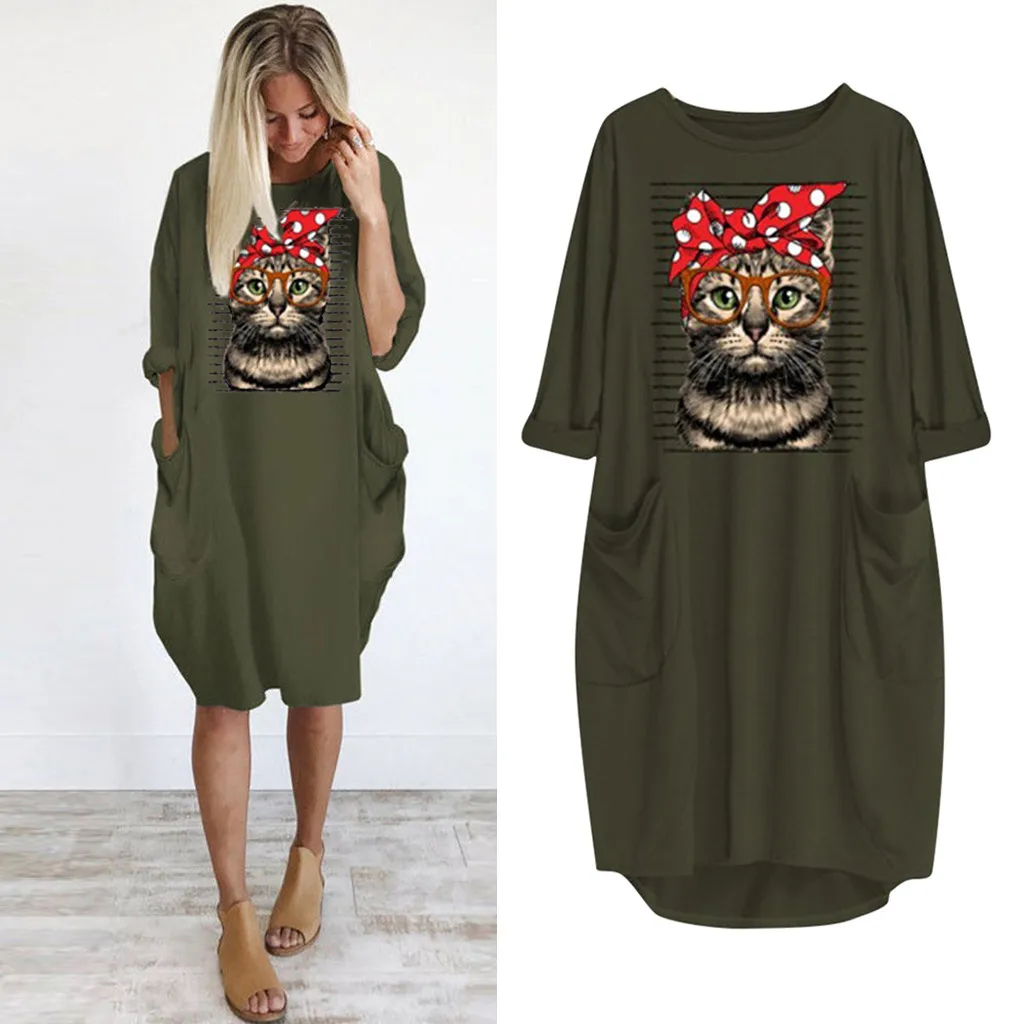 Cat Long Dress Women Plus Size 3XL O-Neck платье Summer Fashion HOT Long Sleeve Printed Short Mini Autumn A-Line Dress Wholesale