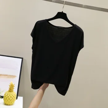 

2020 spring and summer new bit cotton solid color slim casual bottoming shirt V-neck sleeve t-shirt female inner top Red