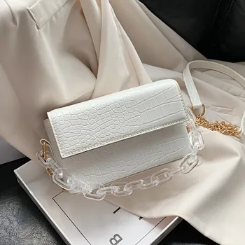 

Transparent Acrylic Chain Design PU Leather Crossbody Bags For Women 2020 Solid Color Shoulder Handbags Female Cross Body Bag