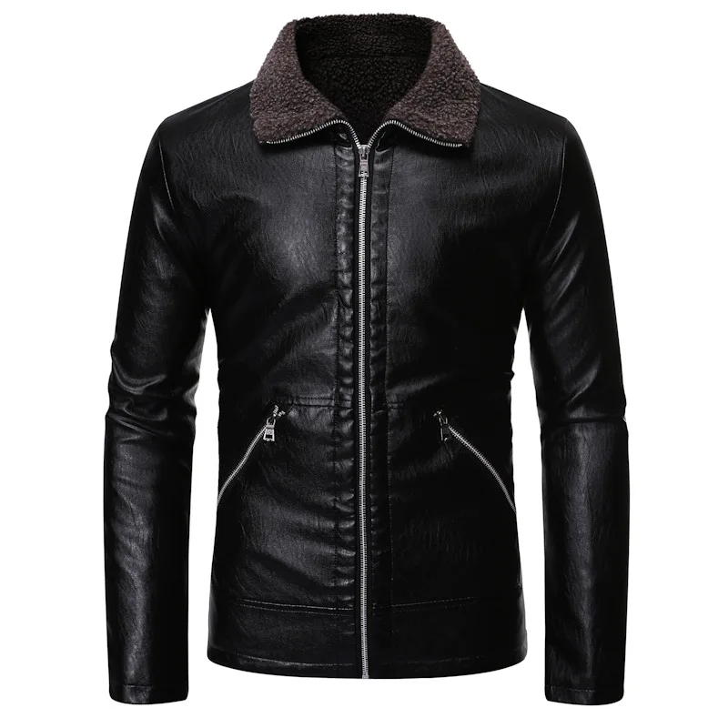 

2019 High Quality PU Leather Men's Winter Warm Lamb Fur Collar Jacket Slim Fit Zipper Large Size Leather Coat
