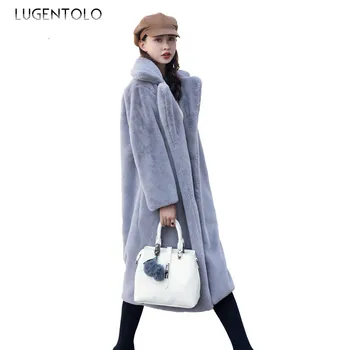 

Lugentolo Long Fur Jacket Women Winter Imitation Mink Solid Loose Thick Plush Warm Turn-down Collar Wide-waisted Teddy Coat