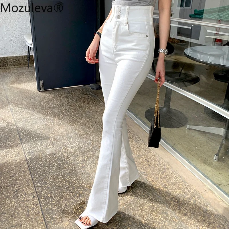 Mozuleva Chic High Waist Button Jeans 2022 Summer Women Skinny Denim Flare Pants Elegant Slim Female White Ladies Pantalon | Женская