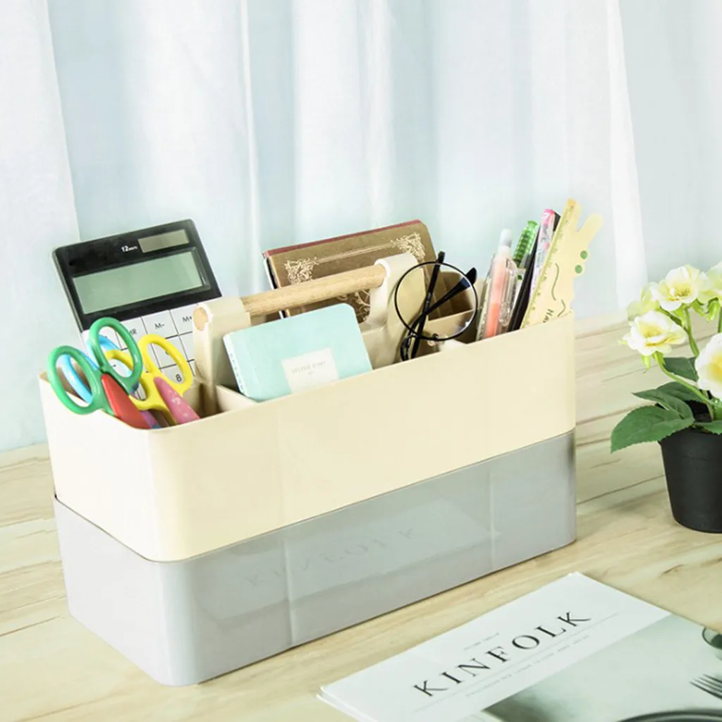 Multiuse Plastic Storage Box with Removable Divider and Wood