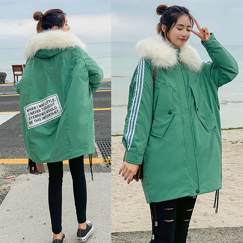 

2019 Winter Europe And America Loose-Fit Fur Collar Mid-length Cotton-padded Clothes Women's po ka down Jacket Cotton-padded Clo