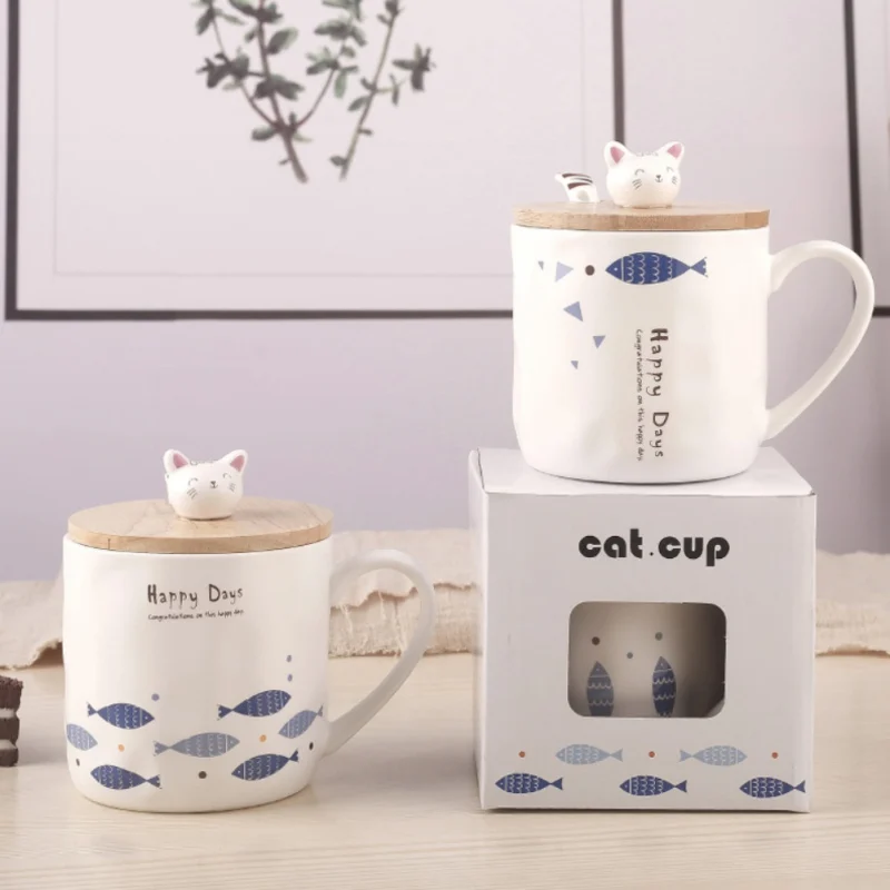 buy Fashion Cat And Fish Group Mark Ceramic Cup Cartoon With Spoon With Lid Breakfast Milk Water Mug Home Drinkware