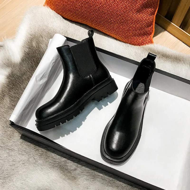 

famous brand chelsea boots for women casual black platform shoes ladies cow leather boot sweet girls ankle botas bottine femme