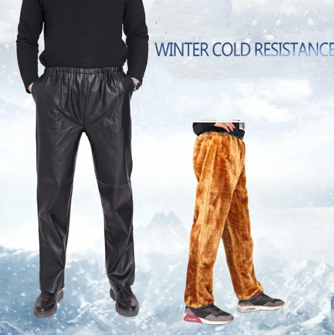 Мужские зимние брюки из искусственной кожи с начесом, штаны из искусственной кожи, плотные повседневные флисовые брюки, большие размеры XXXL, мужская одежда