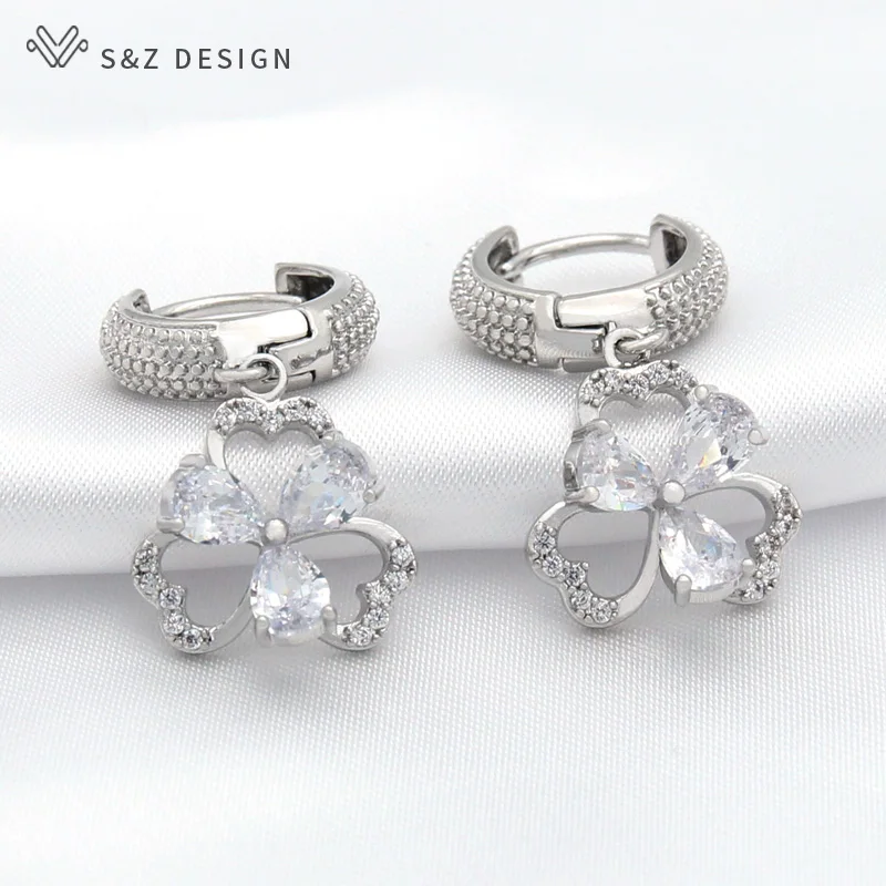 S&Z DESIGN New Fashion Elegant Cute Flower Cubic Zirconia Dangle Earrings For Women Girl Wedding Party Lovely Fine Jewelry