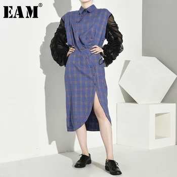 

[EAM] Women Purple Plaid Mesh Split Vent Pleated Dress New Lapel Long Puff Sleeve Loose Fit Fashion Spring Autumn 2020 1D3521