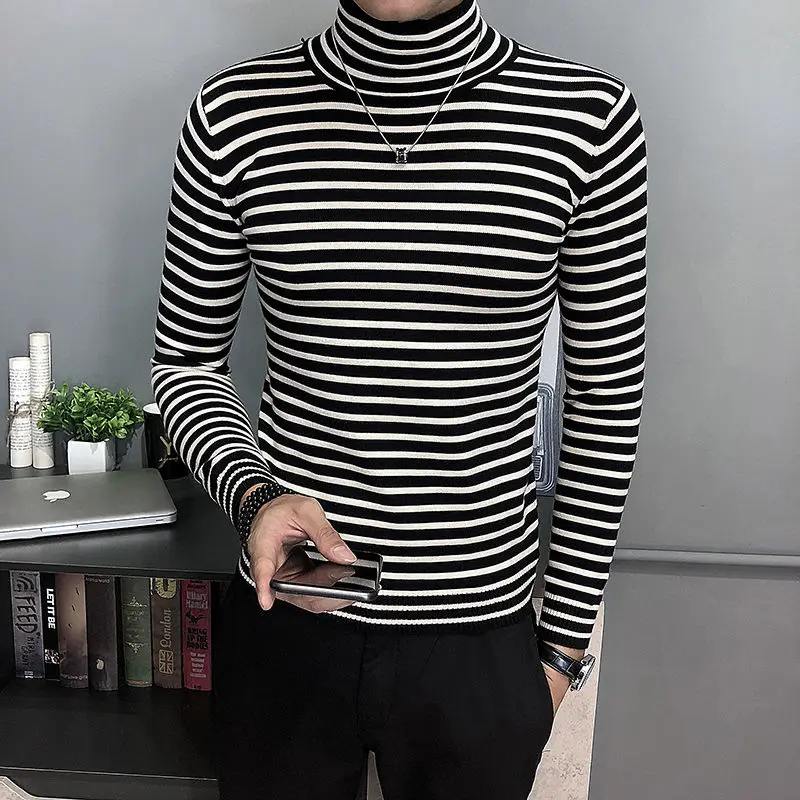 

Winter Turtleneck Sweater Men's Slim Warm Fashion Casual Striped Pullover Men British Style Knitting Sweaters Mens Clothes M-2XL