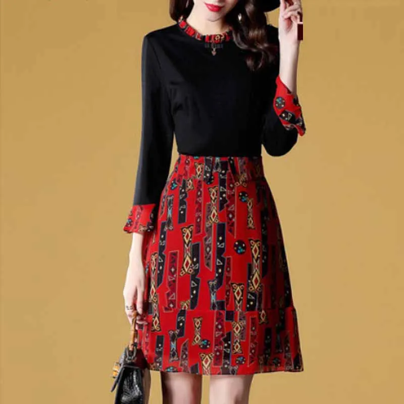 

Ozhouzhan 2019 Spring New Style Women's Dress Full Body Dress Printed Joint Slimming Capri Bell Sleeve