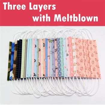 

50 Pcs Adult Mask Hanging Ear Disposable Masks Three Layer Dust-proof With Meltblown Cloth Cartoon Plaid Printed Face Mask