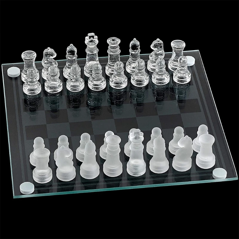 Traditional Glass Chess Set 32Pcs Frosted Piece Chess Board 30x30cm Holiday Game 