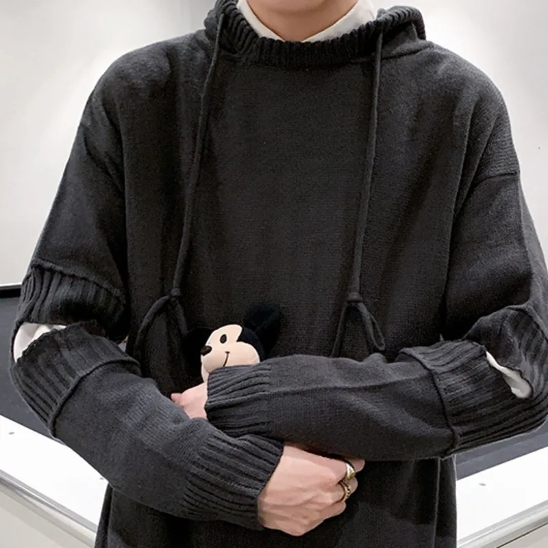 Autumn New Sweater Men Fashion Hole Hooded Sweaters Men Solid Color Casual Knit Sweter Loose Long-sleeved Pullover Man Clothes