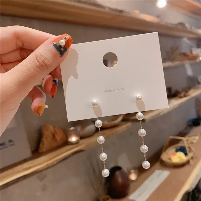 New Trend Pearl Women's Long Earrings White Round Pearl Wedding Pendant Earrings Korean Fashion Jewelry
