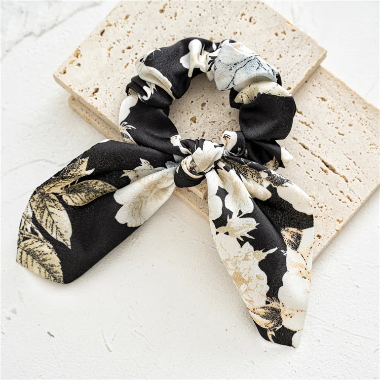 hair clips for thick hair Bestilk 2021 New Satin Floral Print Women's Hair Scrunchie Elastic Hair Large Scarf Bands Hair Tie Rubber bands for Girls crocodile hair clips