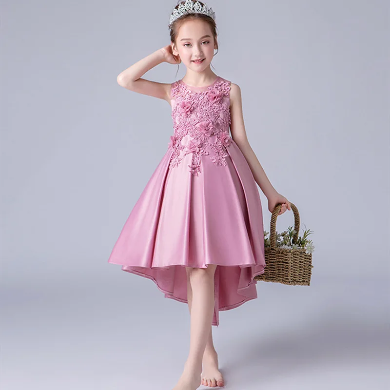 

Applique Satin Trailing Girls Dress Flower Wedding Princess Dress Children Vestido Kids Dresses For Girls Party Dress 3-8 Year