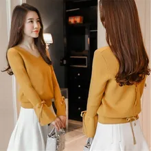 Осень и зима стиль корейский стиль милые женские свободные универсальные с расклешенными рукавами сзади на шнуровке вязанный базовый женский свитер