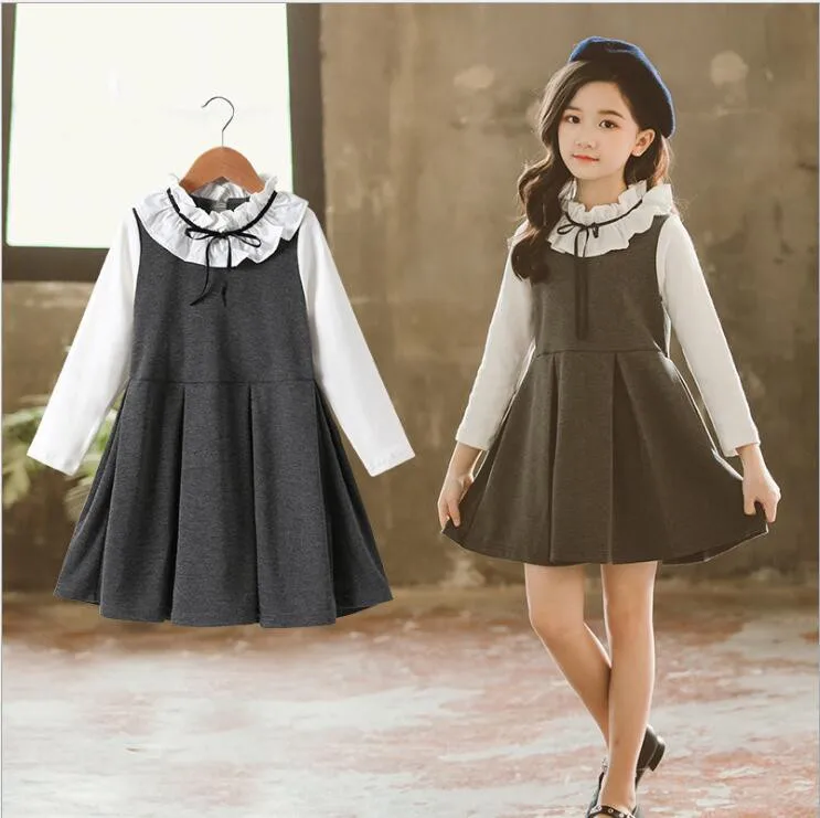 Детские платья для девочек, Осень-зима, имитация двух платьев, модное высококачественное платье принцессы для девочек, милый костюм для детей 6, 8, 10, 12 лет