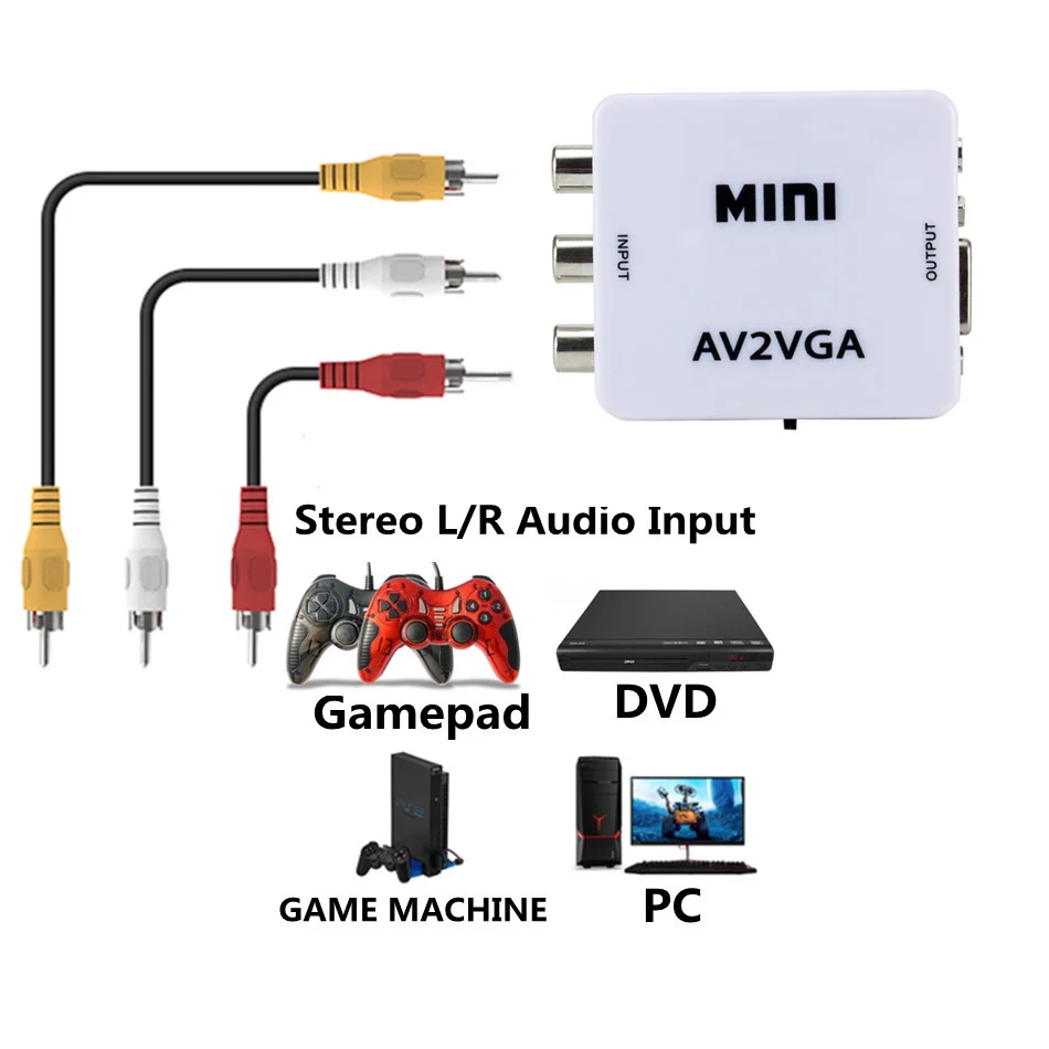 Mini HD AV2VGA Video Converter Convertor Box AV RCA CVBS To VGA Video Converter Conversor With 3.5mm Audio To PC HDTV vga to av converter
