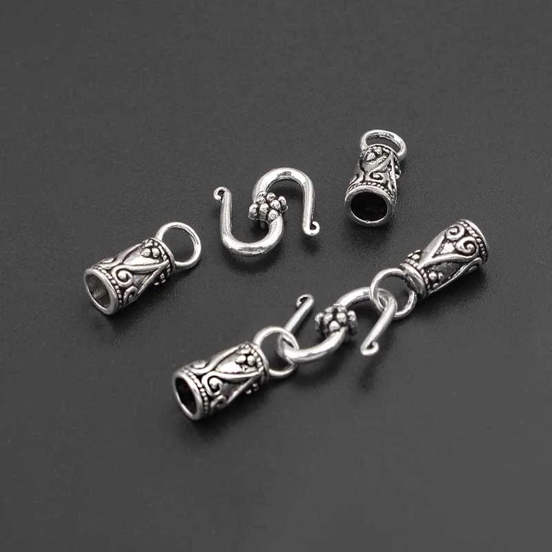

10Sets Antique Silver Fold Over Snap Clasp End Cap Beads Fasteners For 4mm Round Leather Cord Bracelet Connectors Jewelry Making