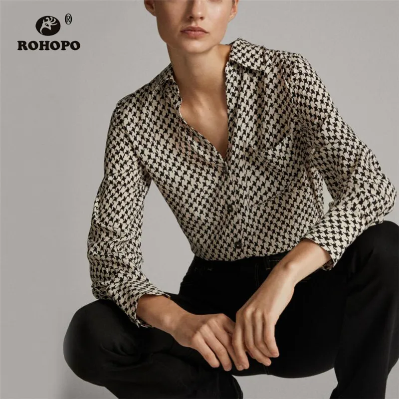 

ROHOPO BLACK Houndstooth Long Sleeve High Low Blouse Side Pocket Lantern Sleeve Ladies Chic Plaid Top Lapel collar Shirt #9014