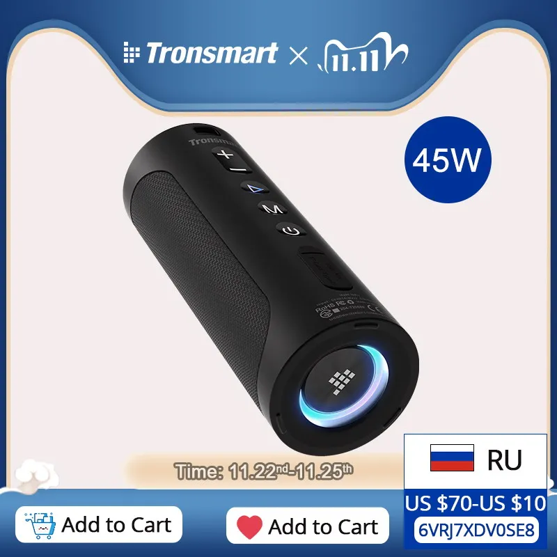  Портативный динамик Tronsmart T6 Pro Bluetooth 5.0, до 45 Вт, аккумулятор IPX6 10400 мАч, три переключения EQ-эффектов 