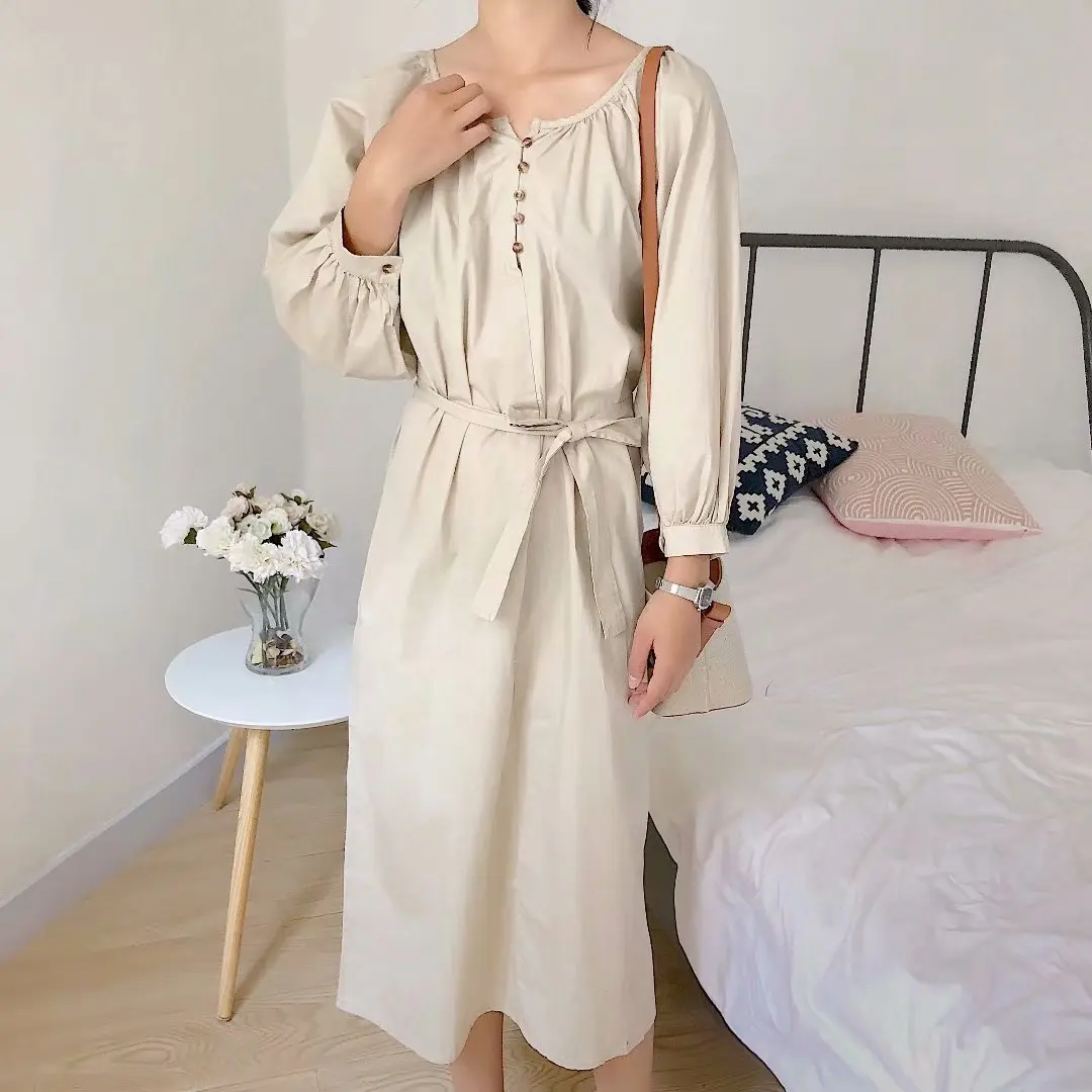 

2018 Spring And Summer Korean-style Simple Versatile Washed Cotton Dress Ninth Sleeve Slimming Casual Medium-length Dress Women'