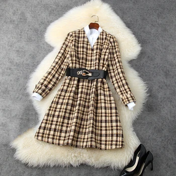 

HIGH STREET New Fashion 2020 Runway Dress Women's Plaid Wool Dress 2pcs Set