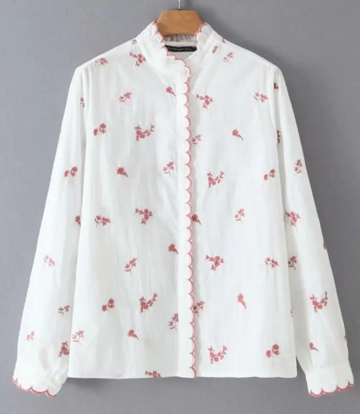  2019 Women White Red Wave Line Flower Embroidered Shirt Vintage Long Sleeve Lapel Buttons Slim Ruff