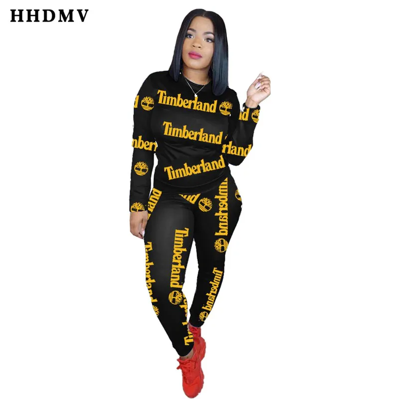 

HHDMV spring street casual style sets long sleeve round neck top elastic long pants letters printed simple two piece sets