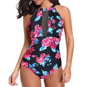 

2020 New Swimsuit Women Swimwear One-Piece Printed Turtleneck V-Neck One Piece Bikini with Mesh Pleated Female Beachwear #313