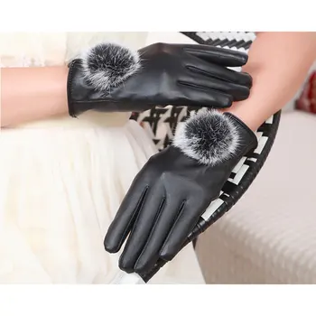 

1Pair New Winter Soft Mittens Warm PU Leather Rabbit Fur Balls Female Gloves Touches Screen Women Gloves B99